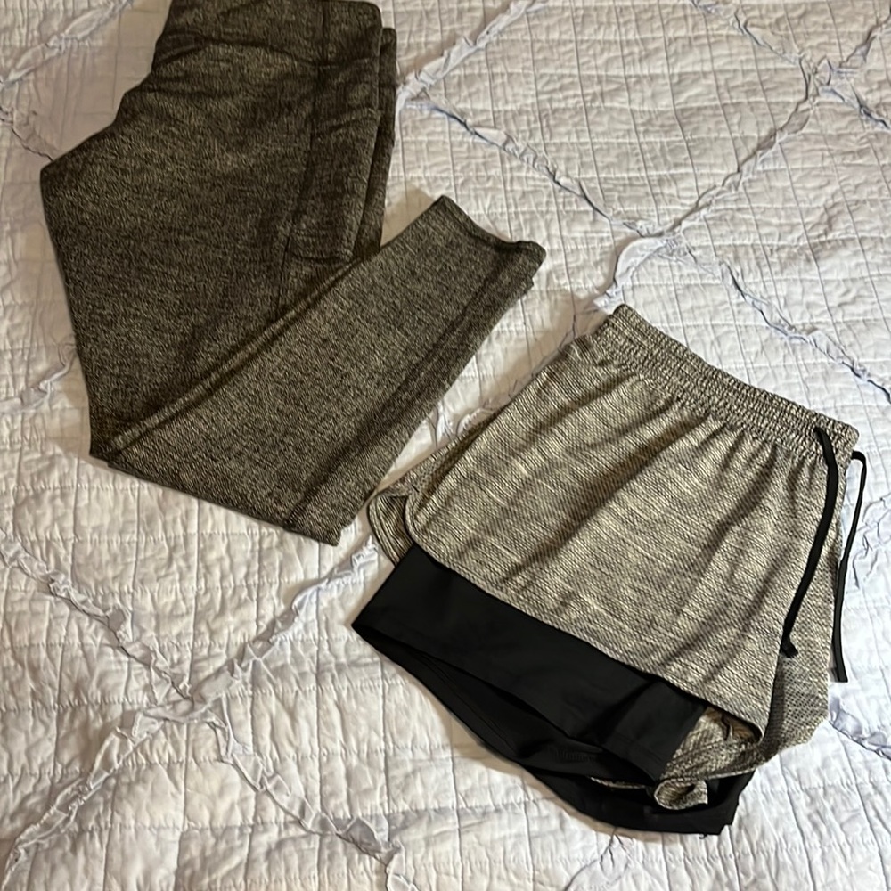 Champion tights and shorts with compression lining.